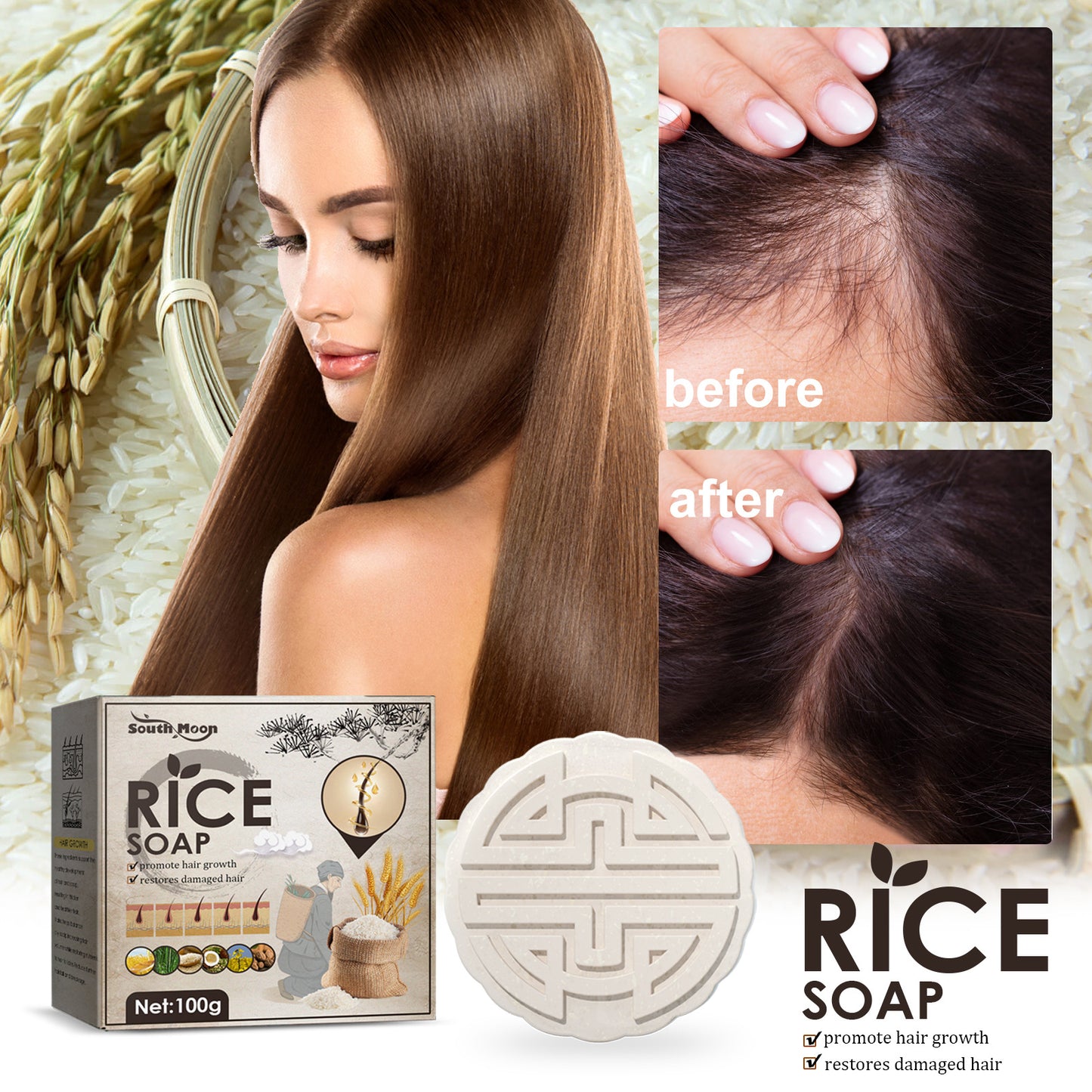 Rice Shampoo Soap Hair Growth Anti-hair Loss Nourishing Hair Strengthening Deep Cleansing