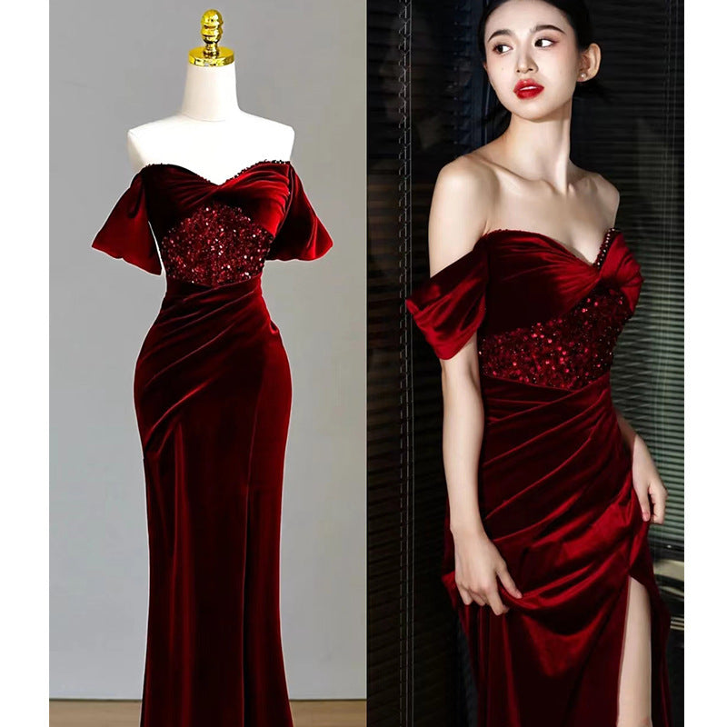 Fishtail Wine Red Off-shoulder Velvet Sequins Dress