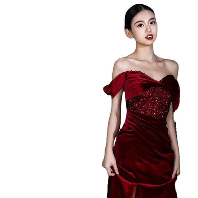 Fishtail Wine Red Off-shoulder Velvet Sequins Dress