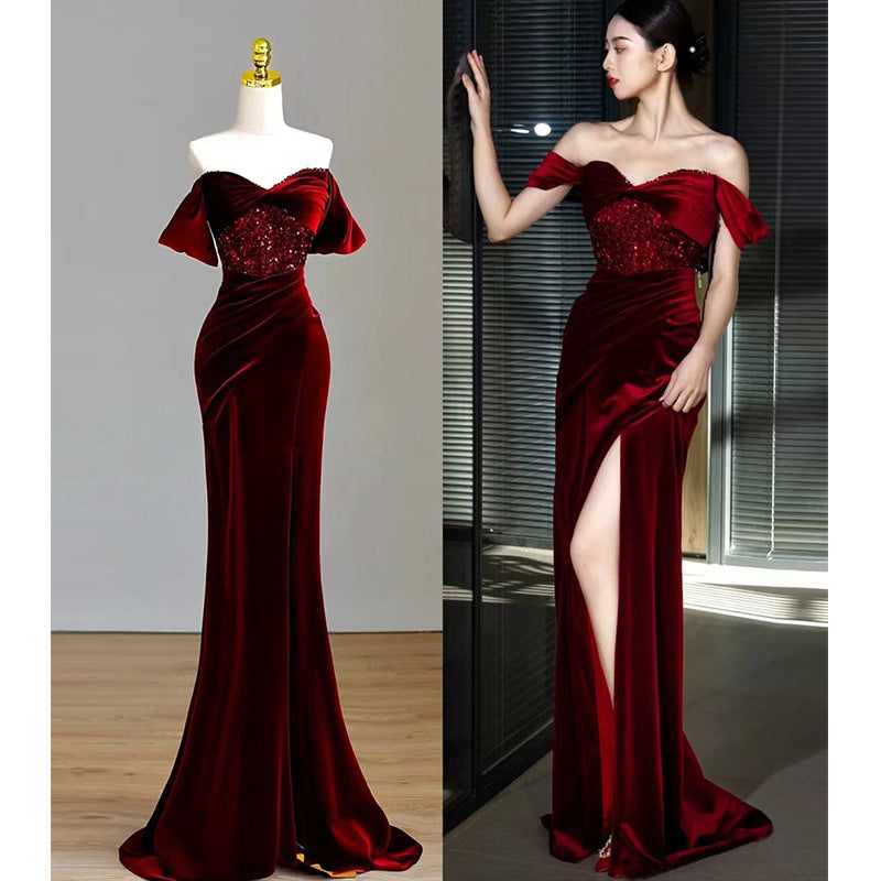 Fishtail Wine Red Off-shoulder Velvet Sequins Dress