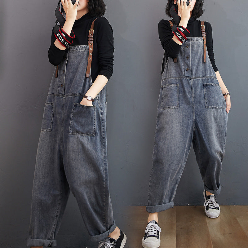 Women's Loose-washed Nine-point Denim Overalls