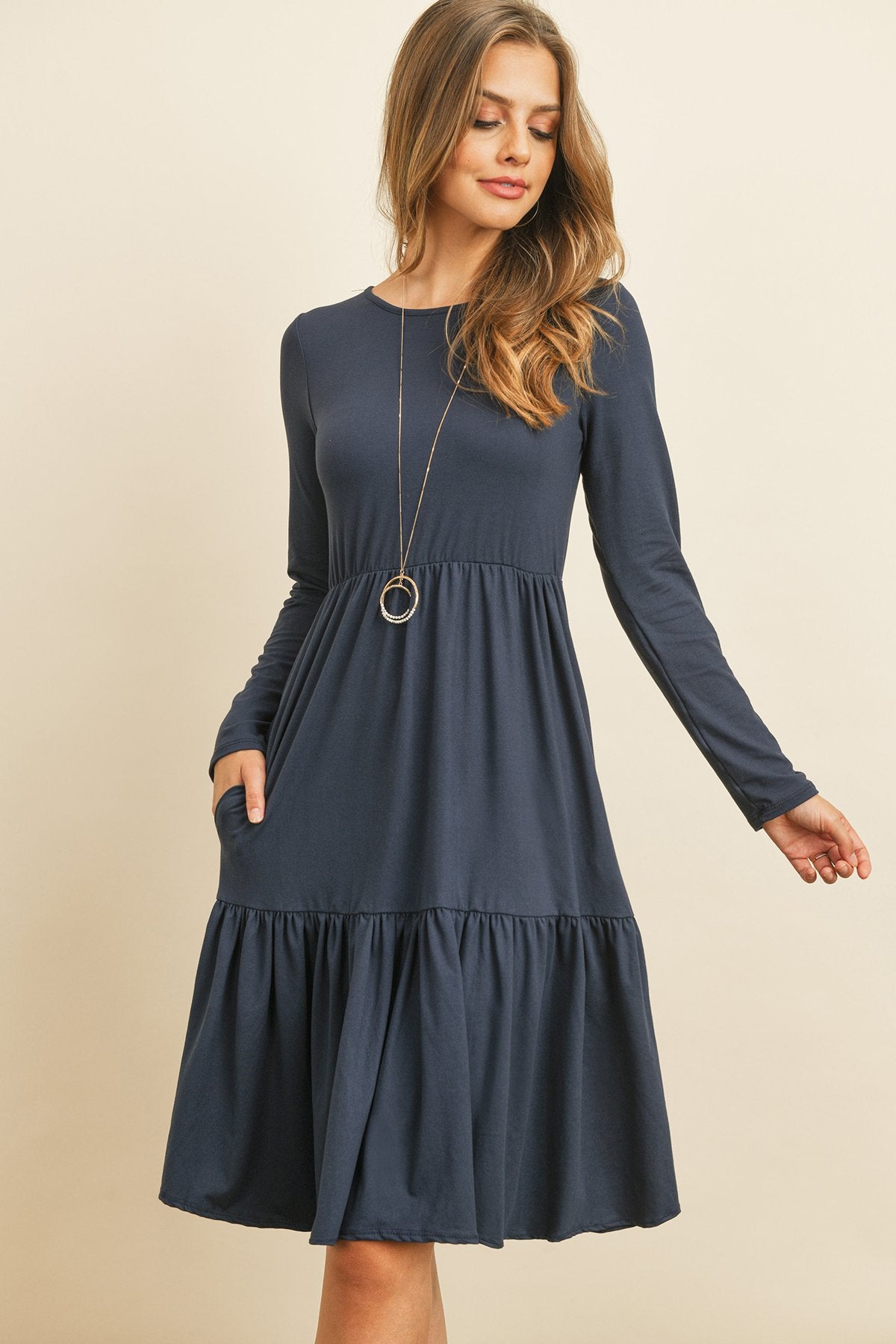 Solid Long Sleeve Double Layered Ruffle Dress