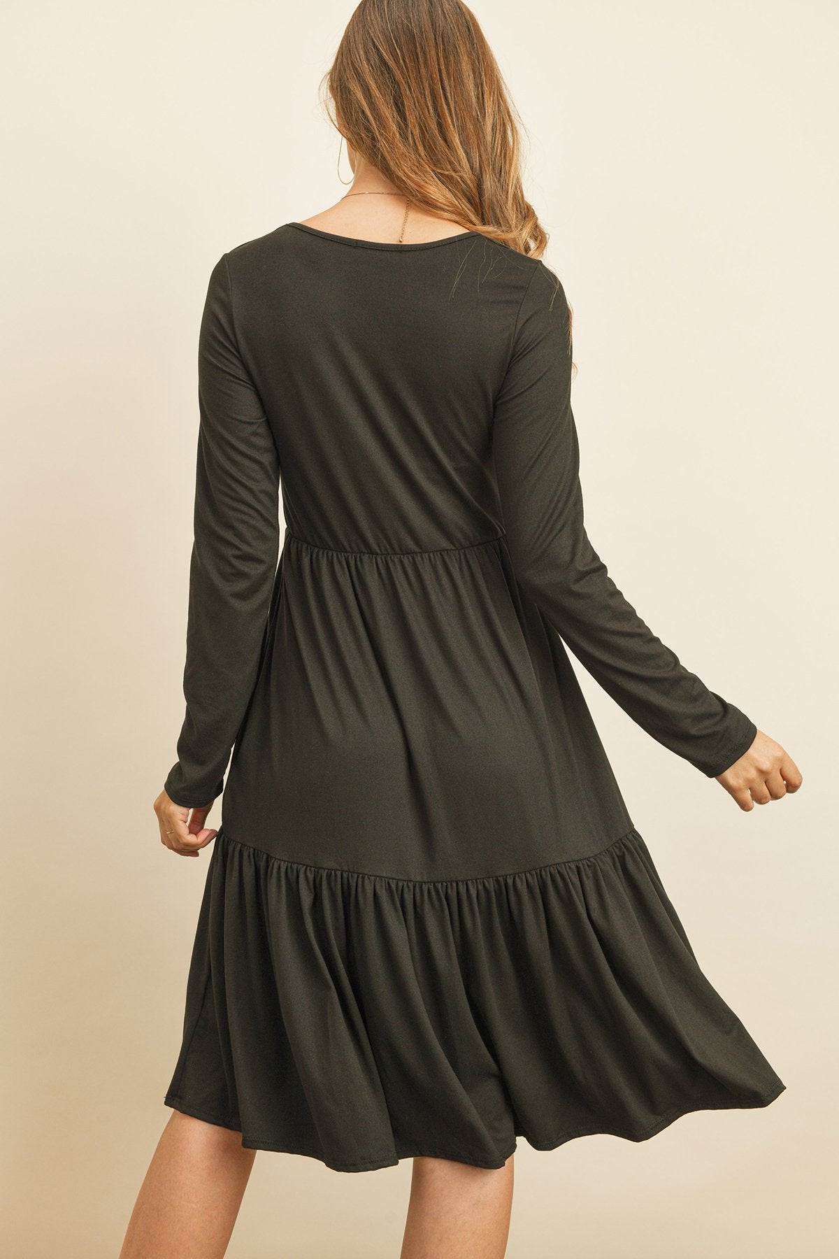 Solid Long Sleeve Double Layered Ruffle Dress