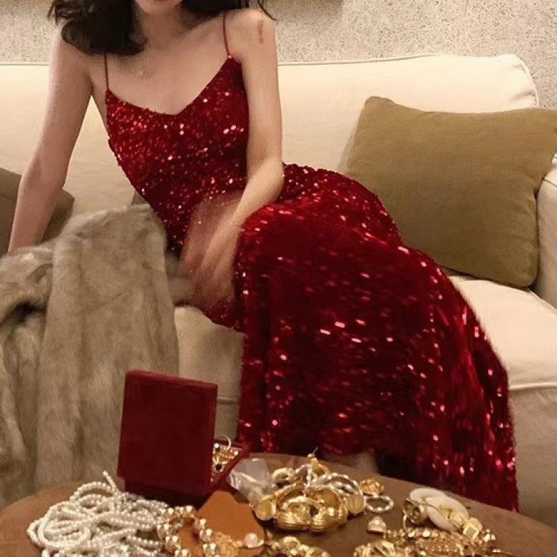 Red Velvet Sequins V-neck Strap Dress Women