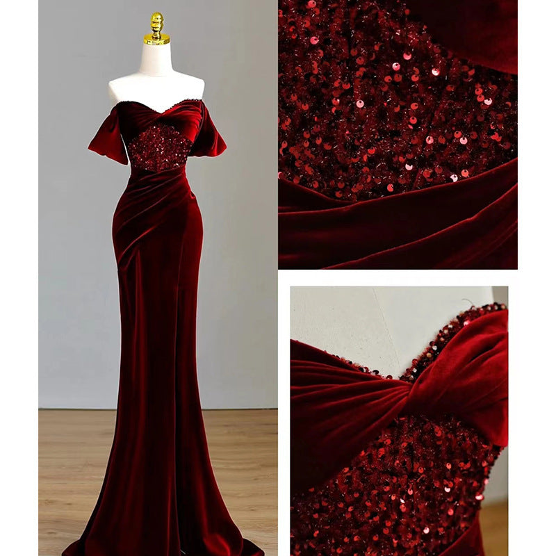 Fishtail Wine Red Off-shoulder Velvet Sequins Dress