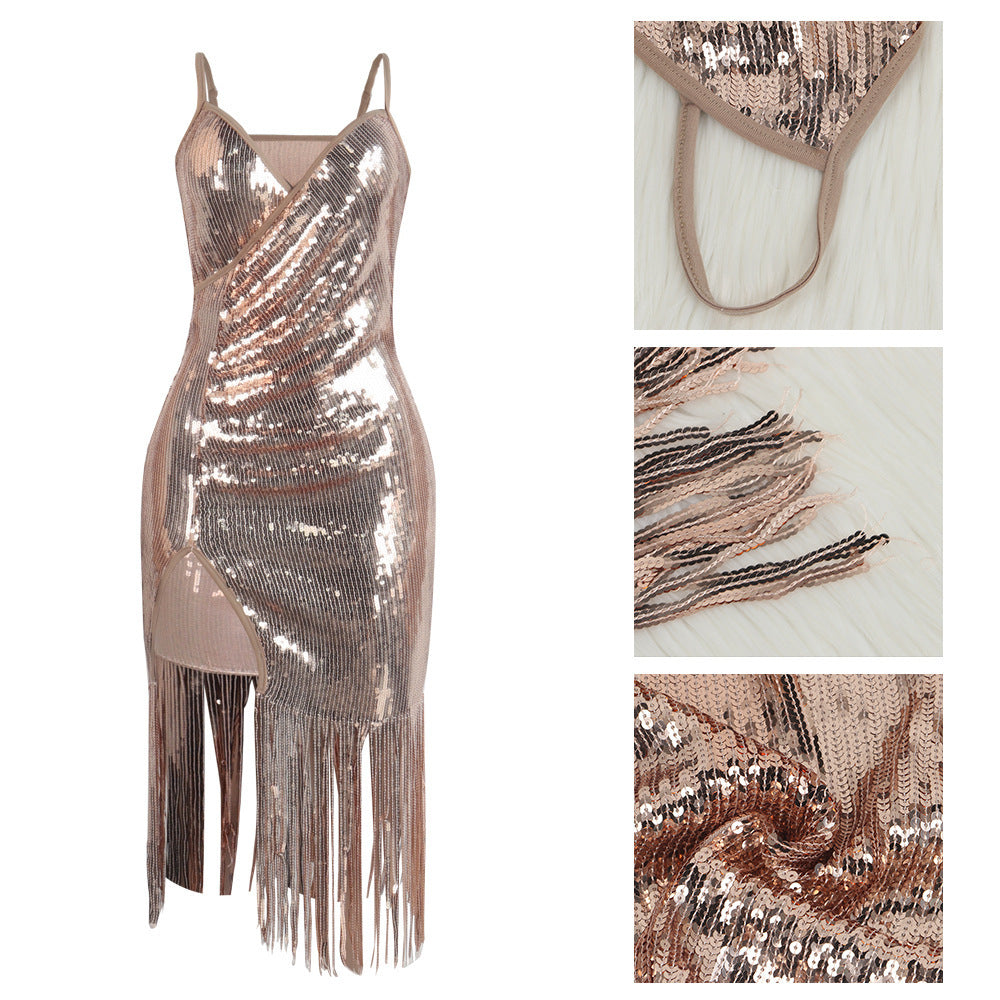 Sequin fringe split dress