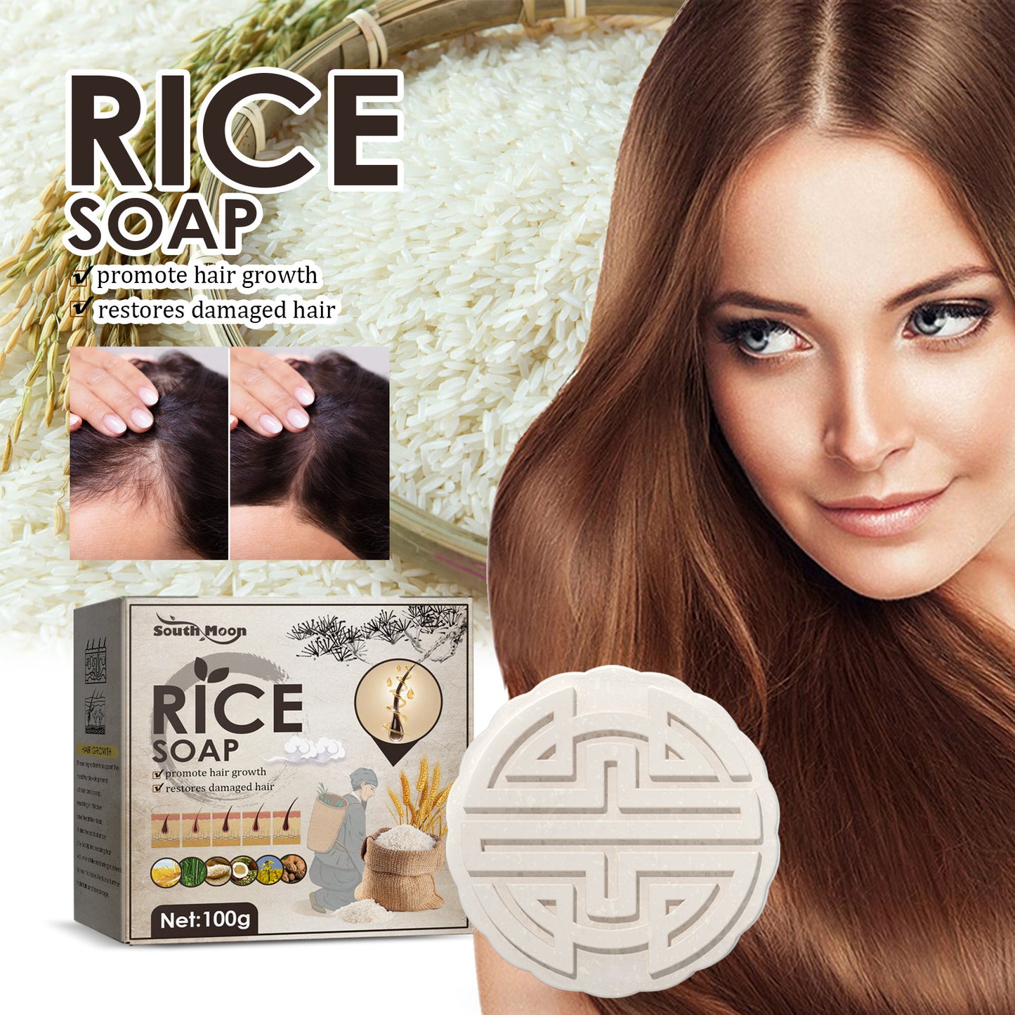 Rice Shampoo Soap Hair Growth Anti-hair Loss Nourishing Hair Strengthening Deep Cleansing