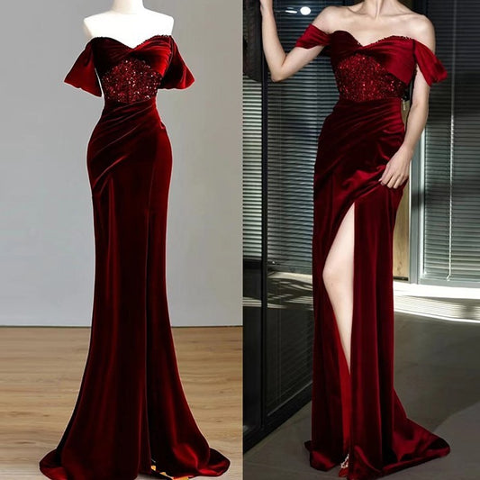 Fishtail Wine Red Off-shoulder Velvet Sequins Dress