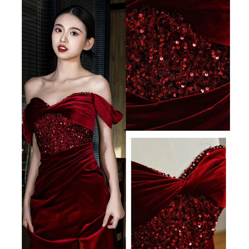 Fishtail Wine Red Off-shoulder Velvet Sequins Dress