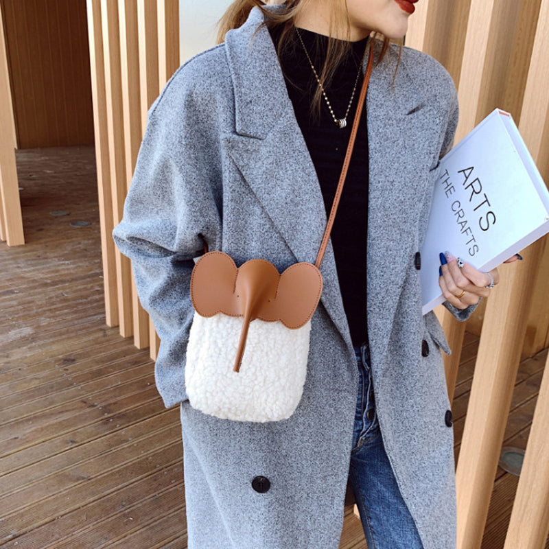 Cute Elephant Trunk Design Crossbody Shoulder Bags Winter Lamb Mobile Phone Bag For Women