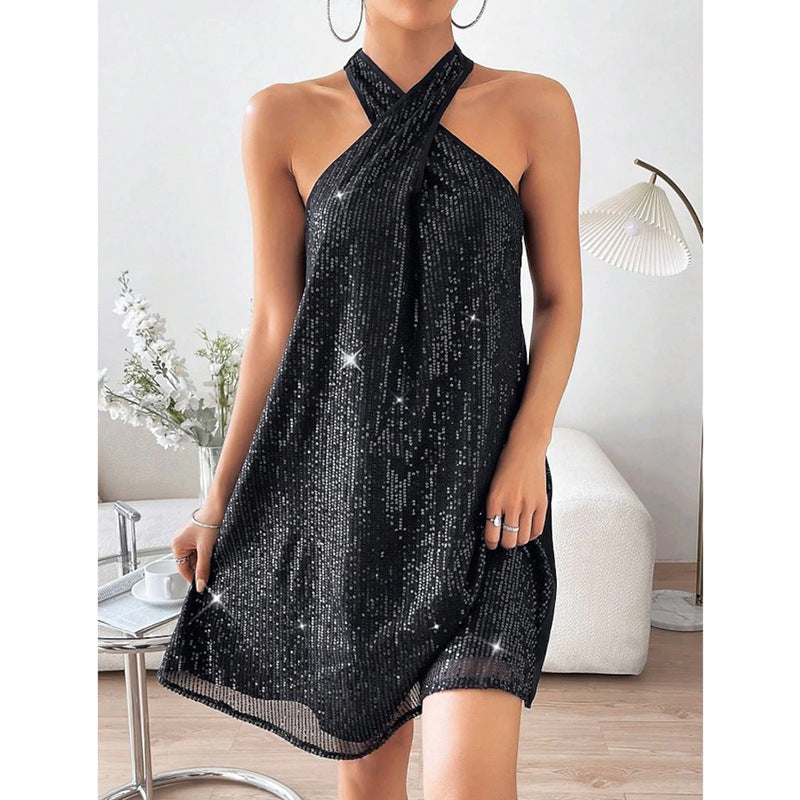 Women's Fashion Elegant Halter Off-shoulder Sequins Dress