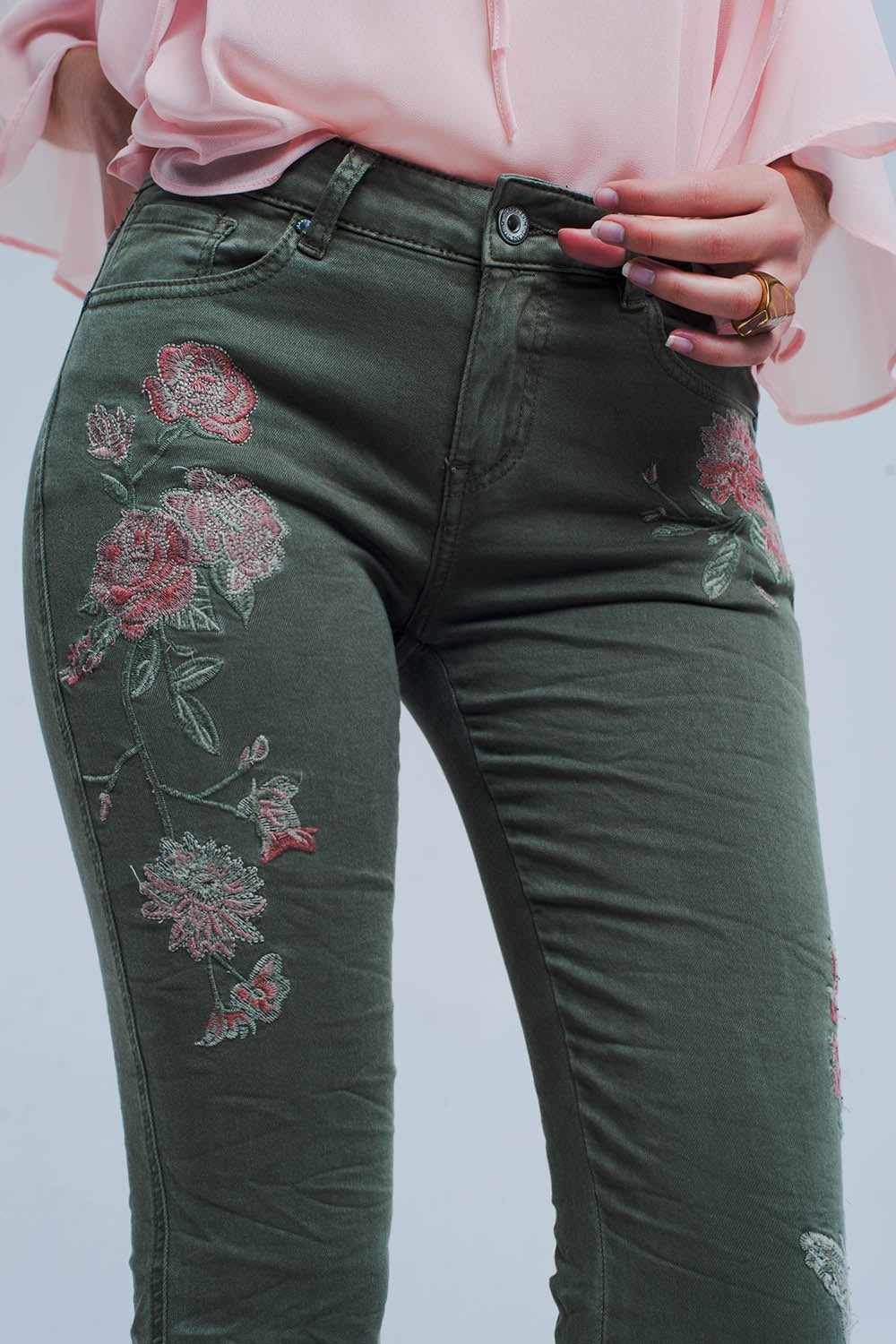 Khaki Jeans With Embroidered Flower