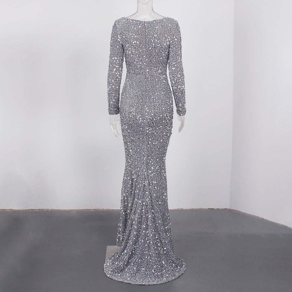 Fashion Sequin Square Neck Thin Silver Grey Party Dress