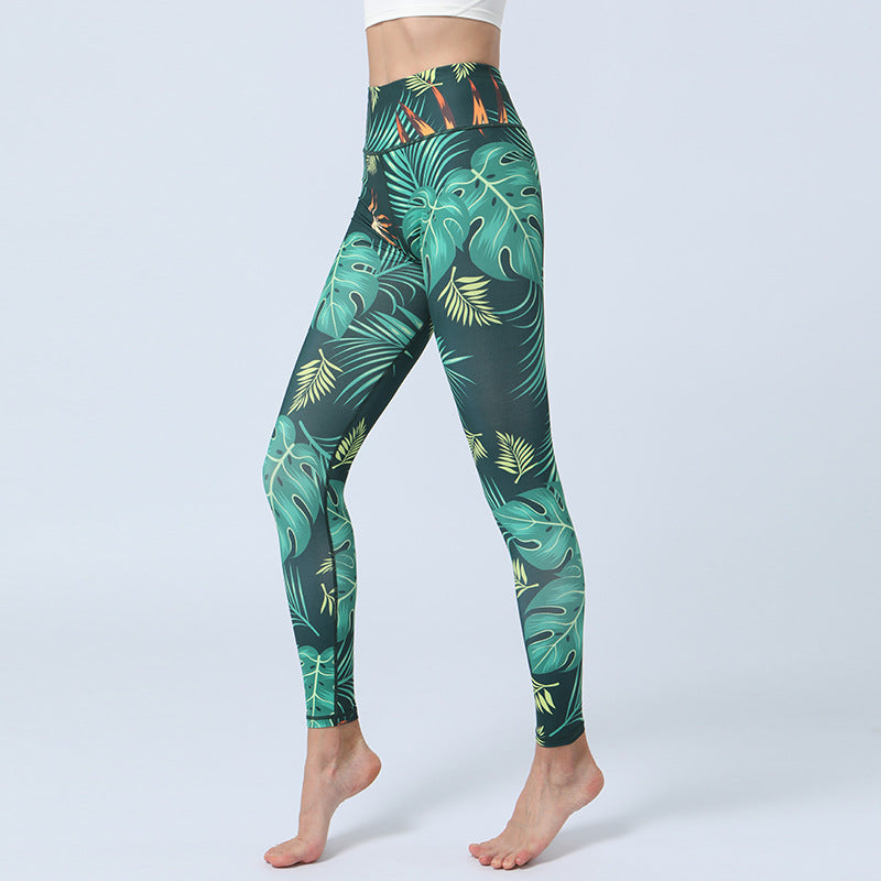 Fashion Leaves Printed Yoga Pants Women's High Waist Hip Lifting Sports Fitness Leggings