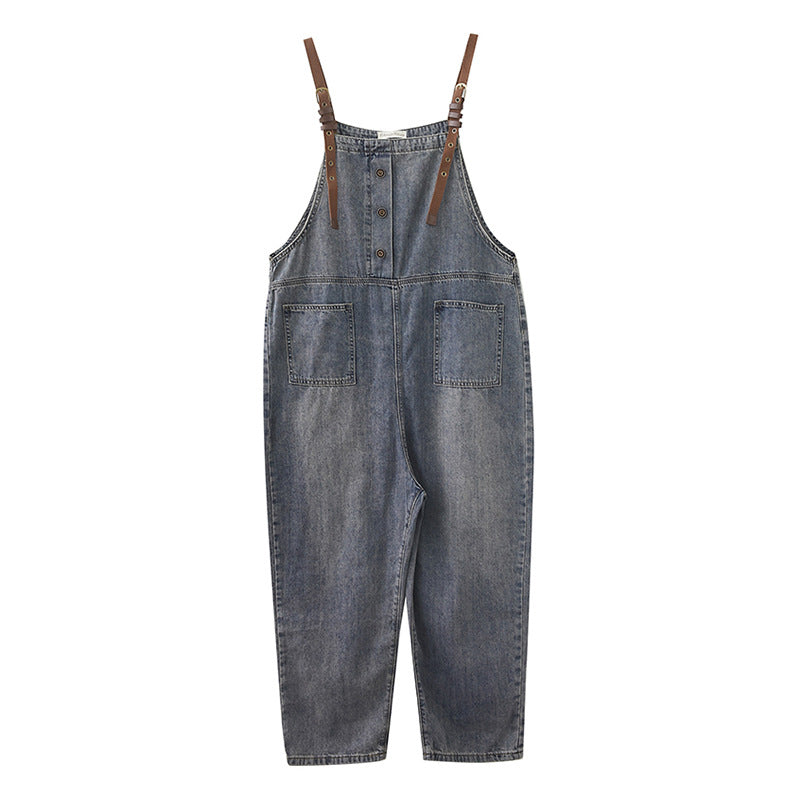 Women's Loose-washed Nine-point Denim Overalls