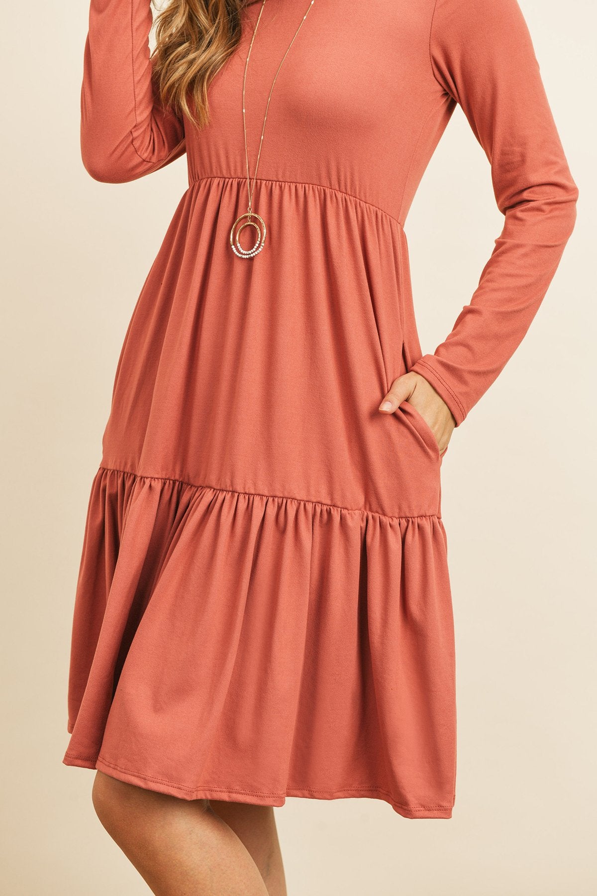 Solid Long Sleeve Double Layered Ruffle Dress