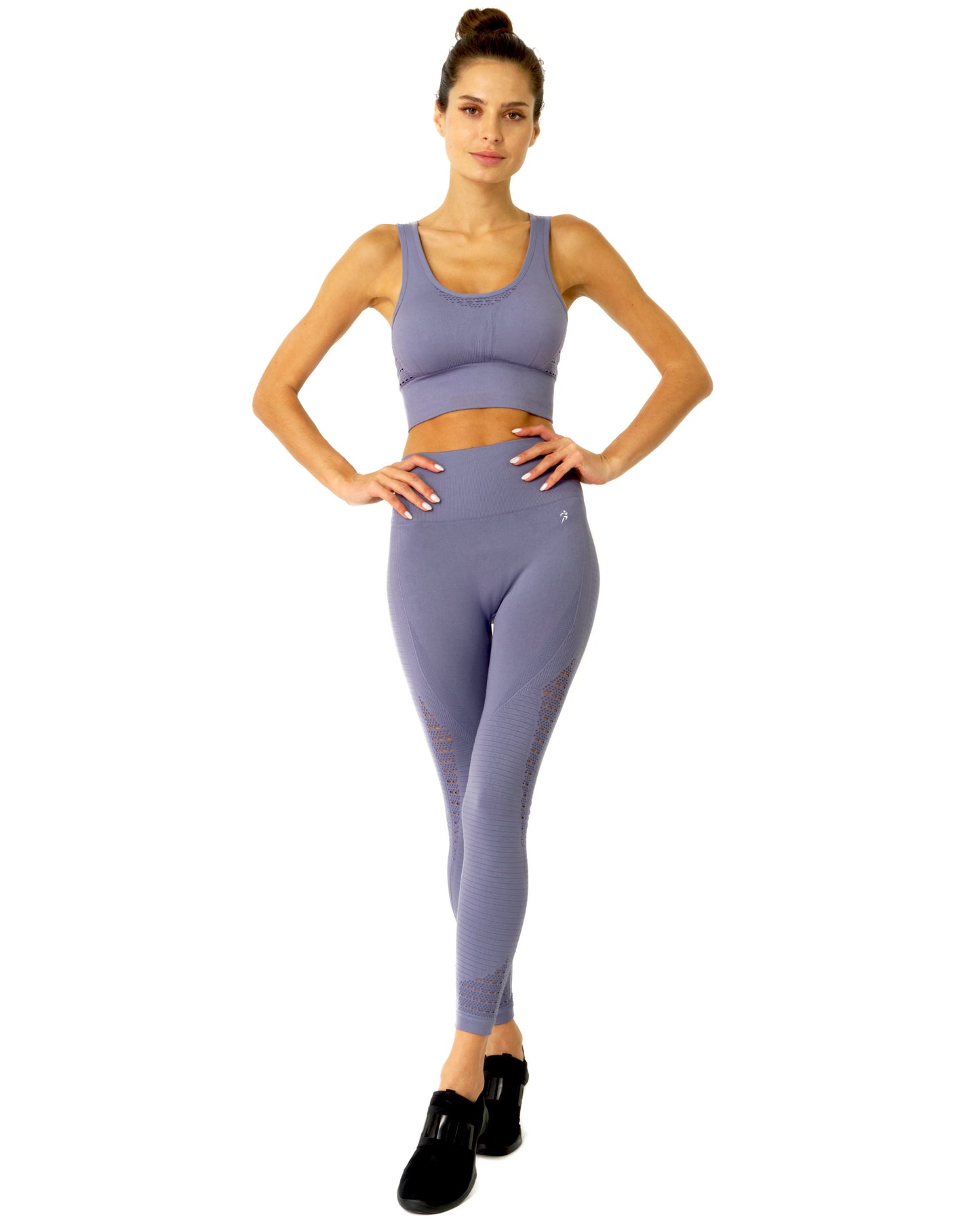 Mesh Seamless Legging With Ribbing Detail - Grey Purple