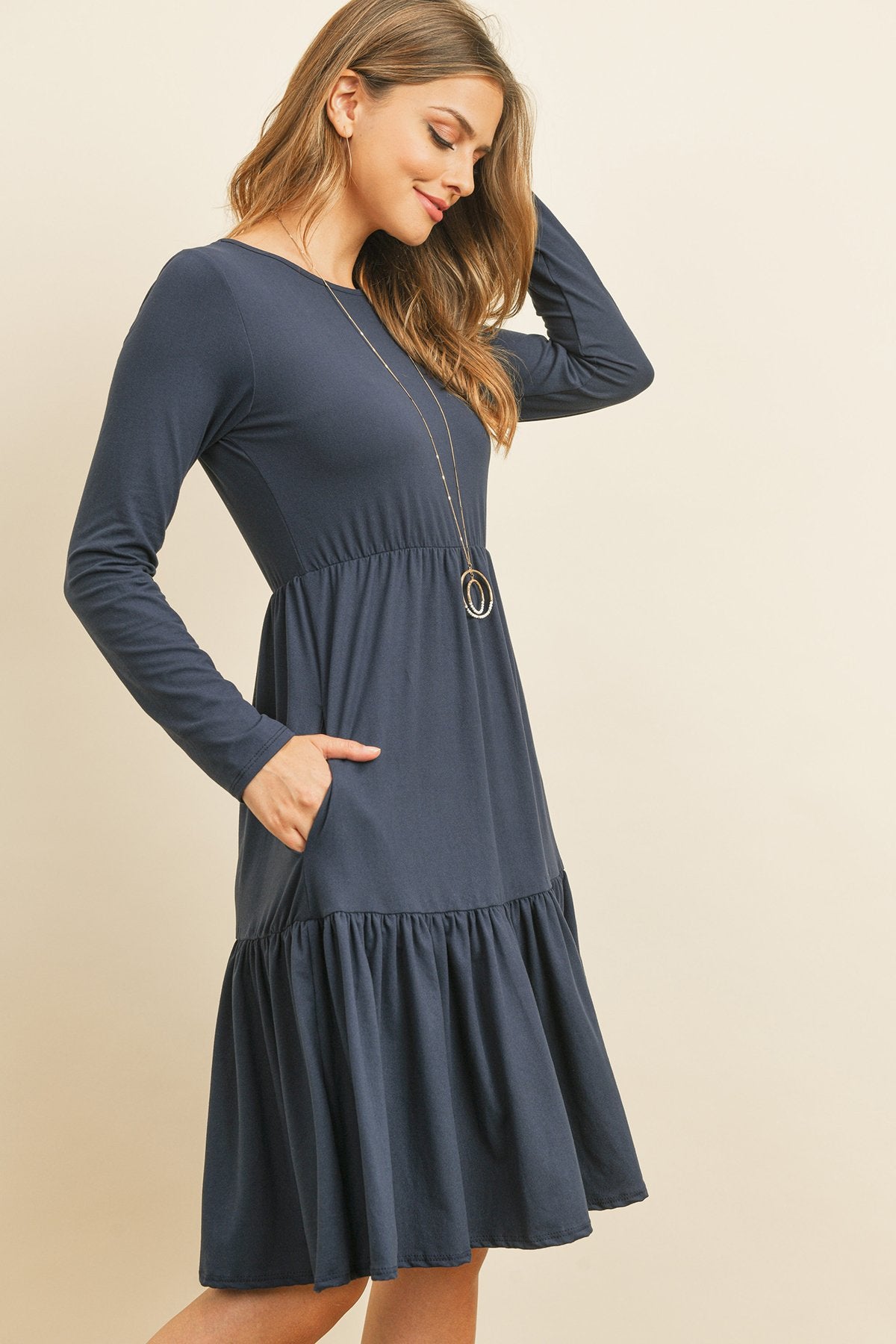 Solid Long Sleeve Double Layered Ruffle Dress