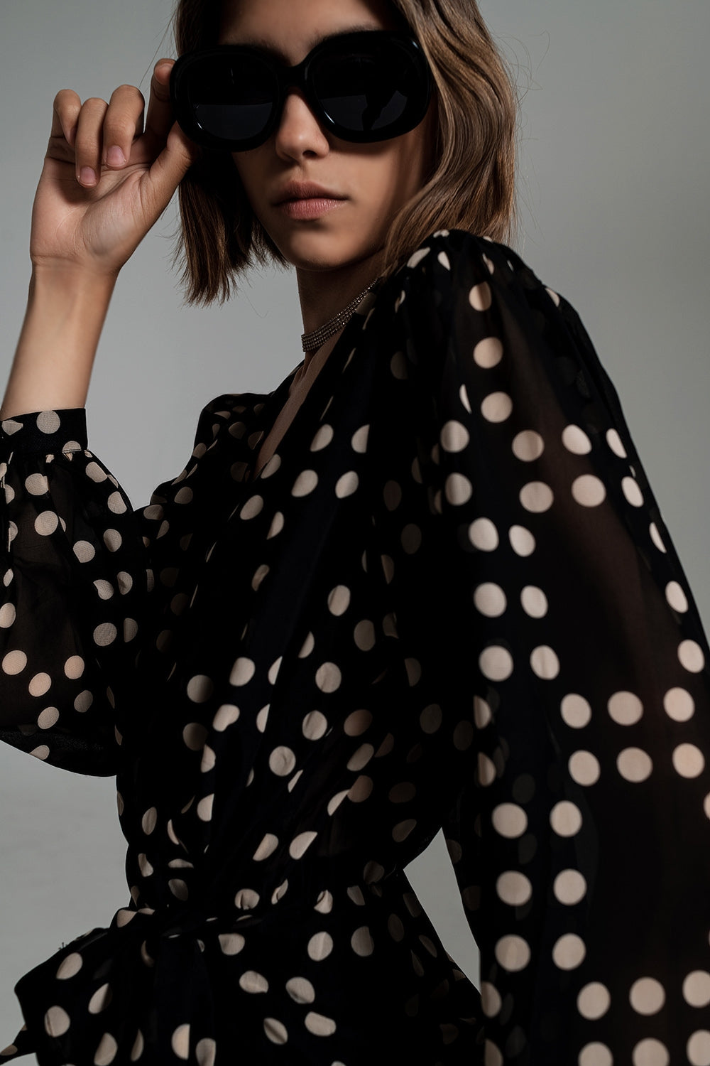 Short Dress With Wrapped Skirt and Balloon Sleeves in Cream and Black Polka Dot Print