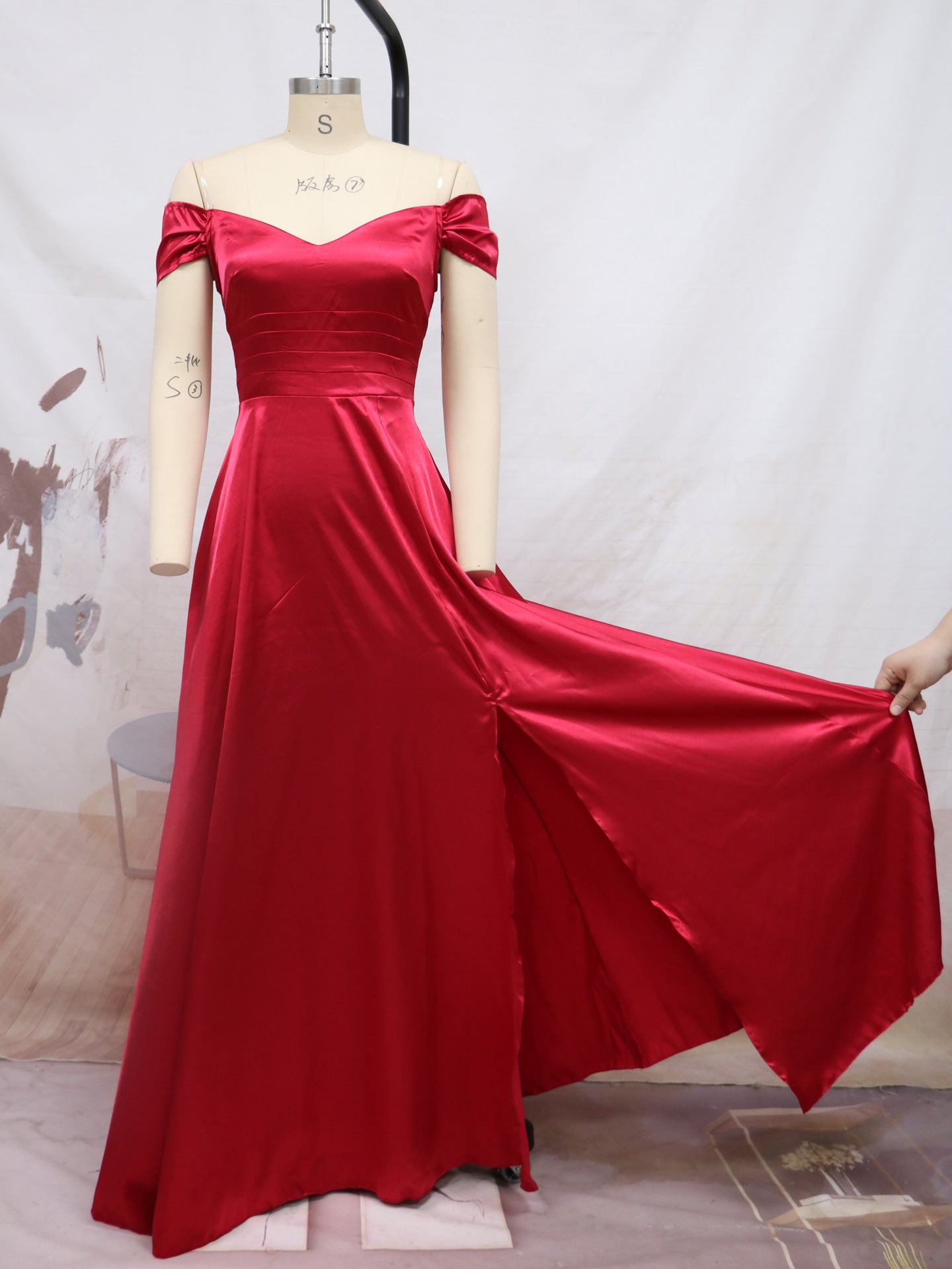 Off-neck Split Expansion Skirt Wedding Bridesmaid Evening Dress